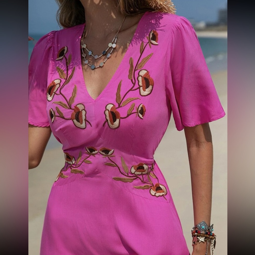 #131 Embroidered Pink V-Neck Dress 100% Viscose